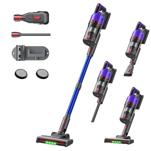 掃除機 コードレス 【2025爆進化！58kPa強力吸引・自立式・55分連続稼働】軽量 視感度最適グリーンLED搭載 スタンド不要 スティック ハンディ 2WAY 掃除機 クリーナー サイクロン 充電式 低騒音 着脱式バッテリー 伸縮パイプ 【2年保証】 1.2L大容量ダストカップ 畳/カーペット/フローリング/ペット/ソファー/車用/隙間/本棚/階段対応 一人暮らし 家庭用（パープル）